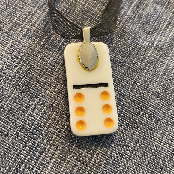 Handmade Necklace Made With A Domino Ribbon Silver Colored Hardware - Picture 7 of 13